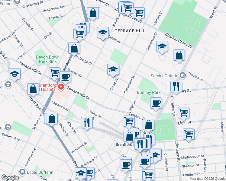 map of restaurants, bars, coffee shops, grocery stores, and more near 51 Dundas Street East in Brantford