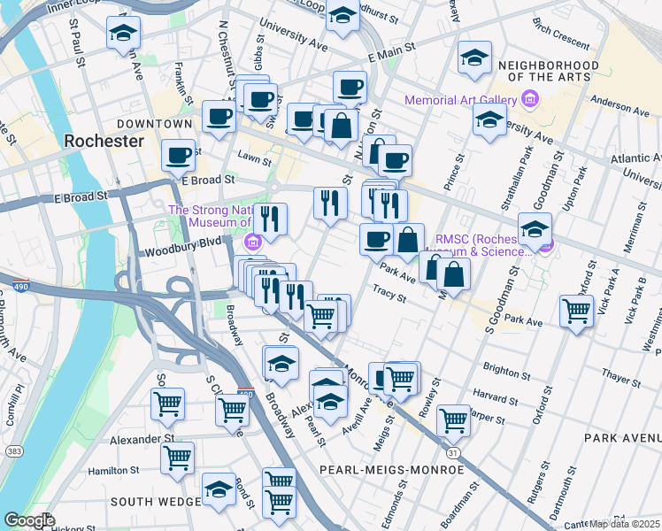 map of restaurants, bars, coffee shops, grocery stores, and more near 23 Buena Place in Rochester