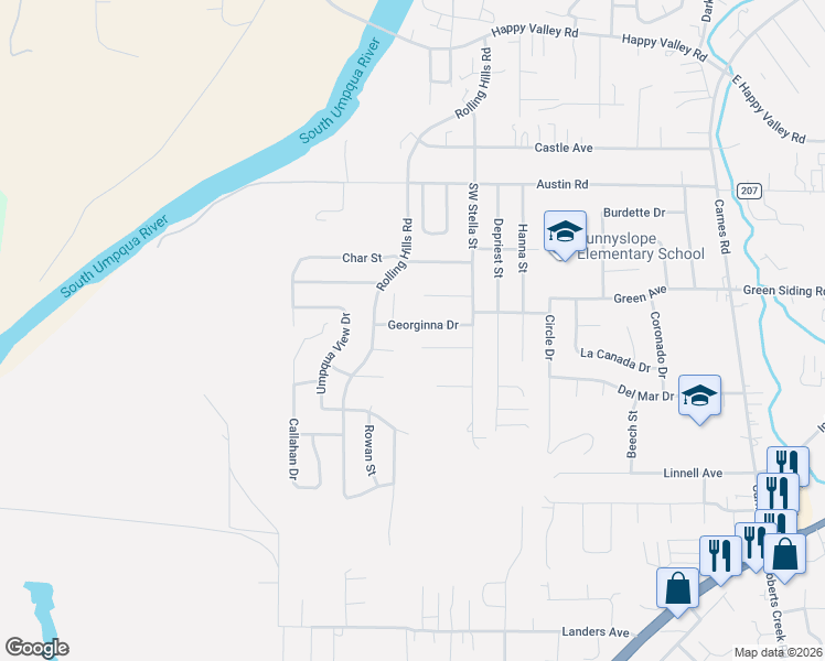 map of restaurants, bars, coffee shops, grocery stores, and more near 219 Georginna Drive in Roseburg