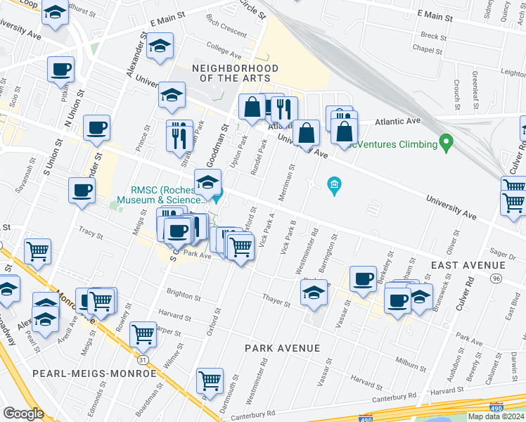 map of restaurants, bars, coffee shops, grocery stores, and more near 747 East Avenue in Rochester