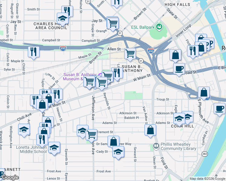 map of restaurants, bars, coffee shops, grocery stores, and more near 70 Cunningham Street in Rochester