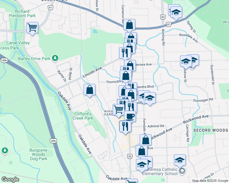 map of restaurants, bars, coffee shops, grocery stores, and more near 20 Canterbury Drive in St. Catharines