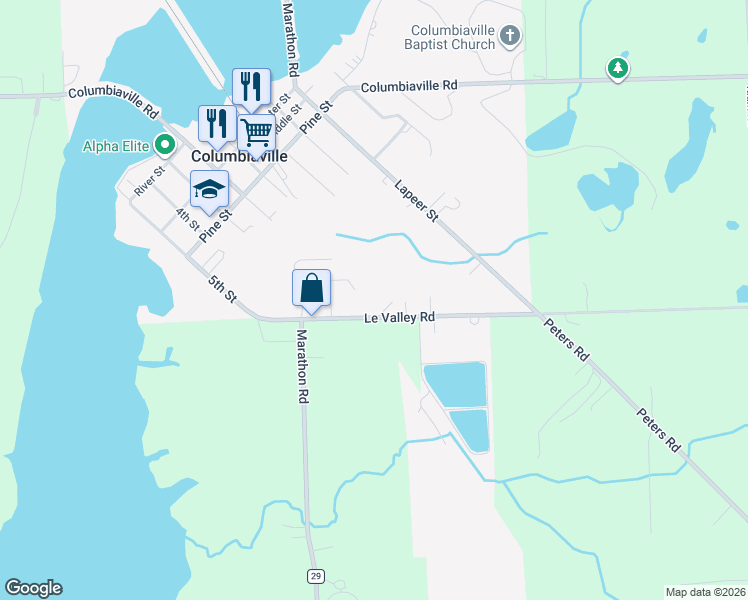 map of restaurants, bars, coffee shops, grocery stores, and more near 4190 Le Valley Road in Columbiaville