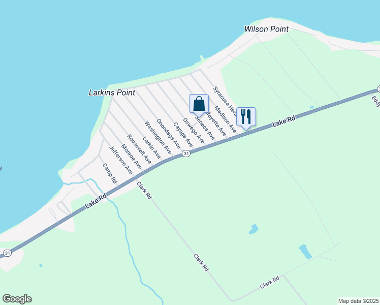 map of restaurants, bars, coffee shops, grocery stores, and more near 2287 Lake Road in Canastota