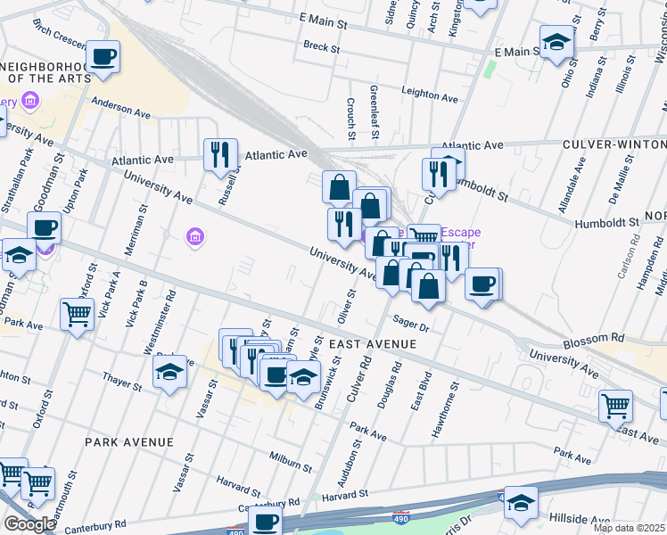 map of restaurants, bars, coffee shops, grocery stores, and more near 12 Granger Place in Rochester