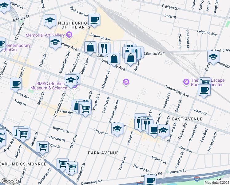 map of restaurants, bars, coffee shops, grocery stores, and more near 850 East Avenue in Rochester