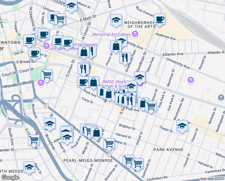 map of restaurants, bars, coffee shops, grocery stores, and more near 105 Meigs Street in Rochester