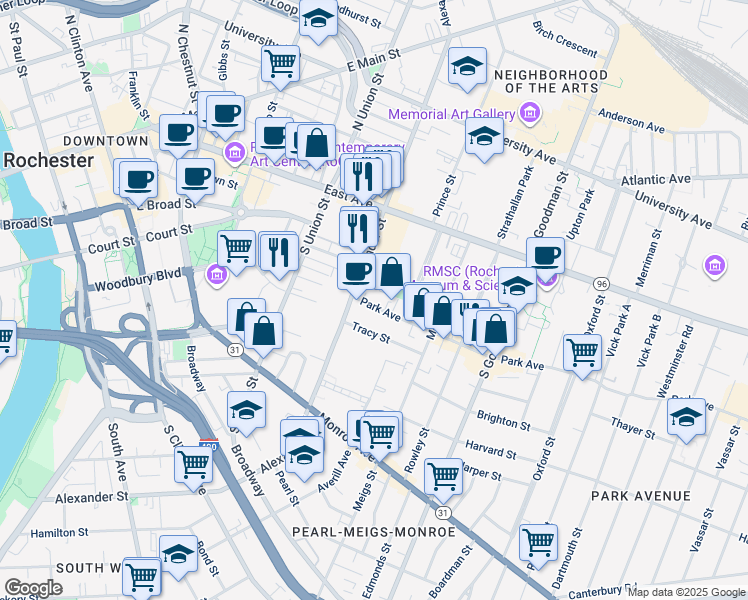 map of restaurants, bars, coffee shops, grocery stores, and more near 26 Park Avenue in Rochester
