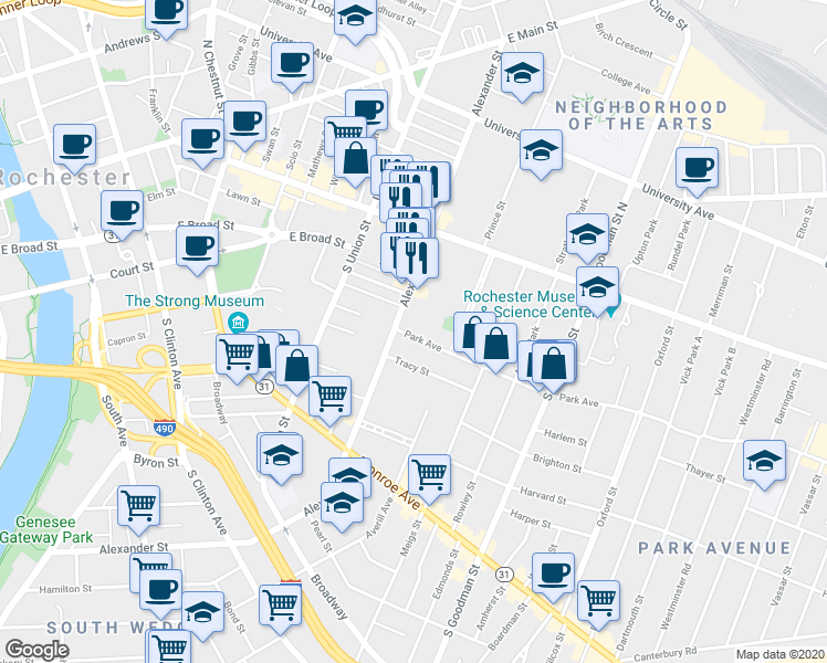 map of restaurants, bars, coffee shops, grocery stores, and more near 26 Park Avenue in Rochester