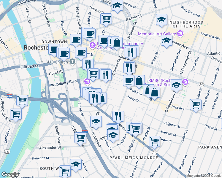 map of restaurants, bars, coffee shops, grocery stores, and more near 21 Buena Place in Rochester