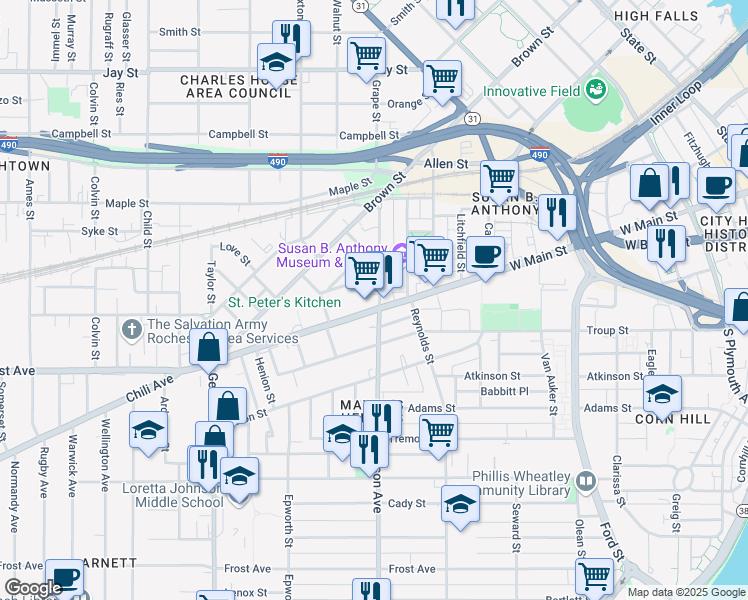 map of restaurants, bars, coffee shops, grocery stores, and more near 626 West Main Street in Rochester