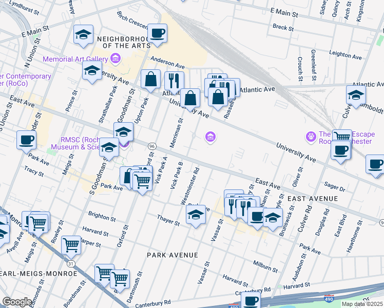 map of restaurants, bars, coffee shops, grocery stores, and more near 840 East Avenue in Rochester