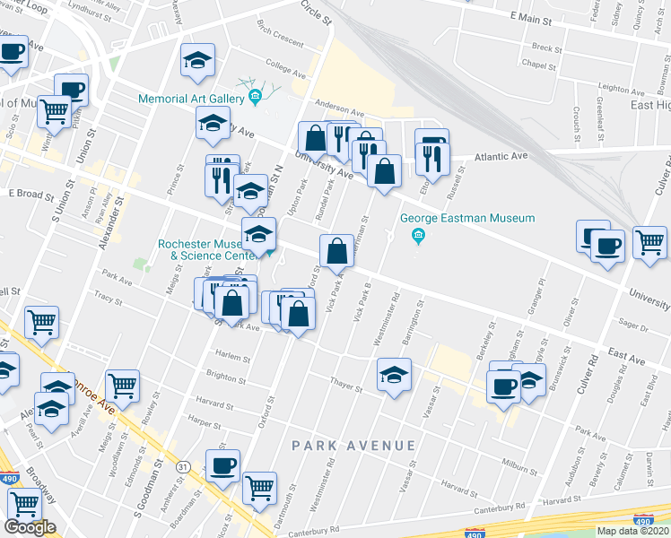 map of restaurants, bars, coffee shops, grocery stores, and more near 757 East Avenue in Rochester