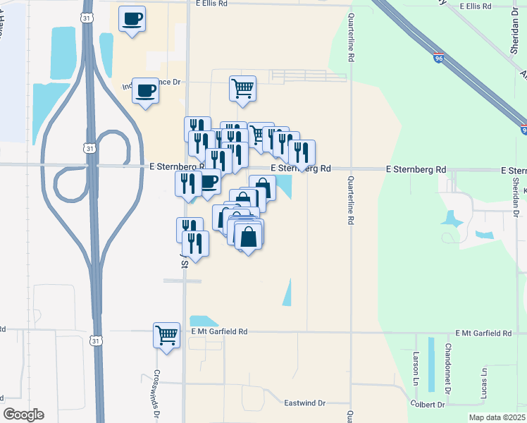 map of restaurants, bars, coffee shops, grocery stores, and more near 5500 Harvey Street in Muskegon