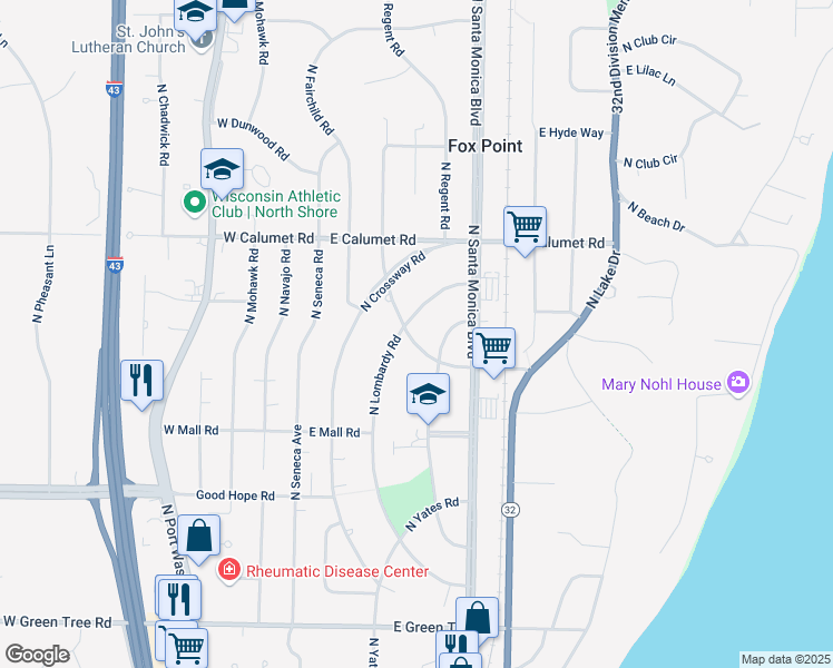 map of restaurants, bars, coffee shops, grocery stores, and more near 7430 North Bell Road in Fox Point