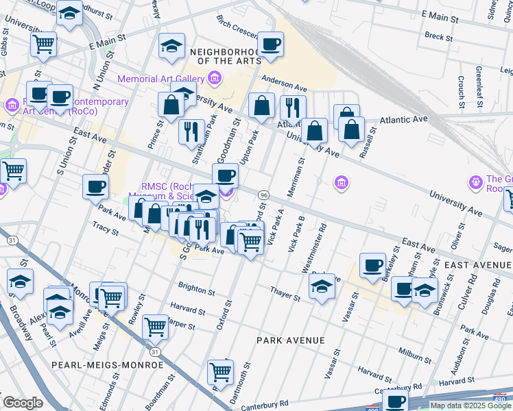 map of restaurants, bars, coffee shops, grocery stores, and more near 693 East Avenue in Rochester