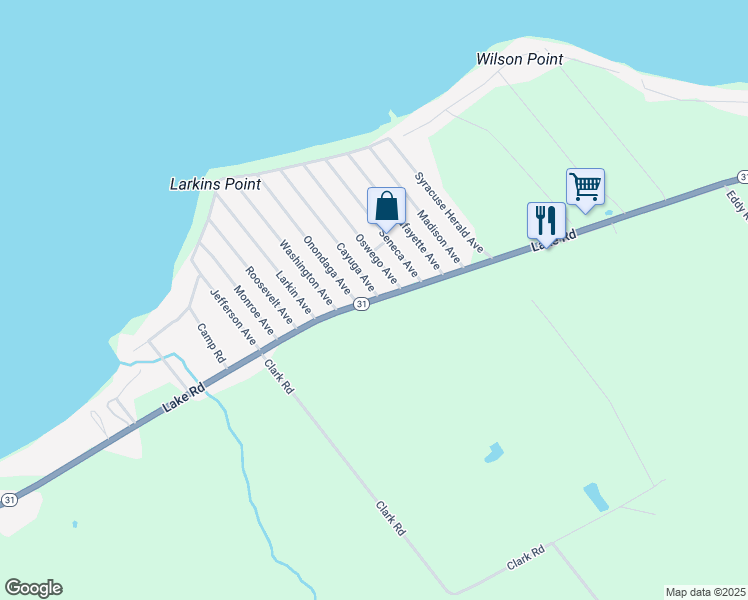 map of restaurants, bars, coffee shops, grocery stores, and more near 2287 Lake Road in Canastota