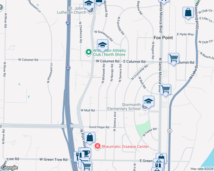 map of restaurants, bars, coffee shops, grocery stores, and more near 7431 North Navajo Road in Fox Point