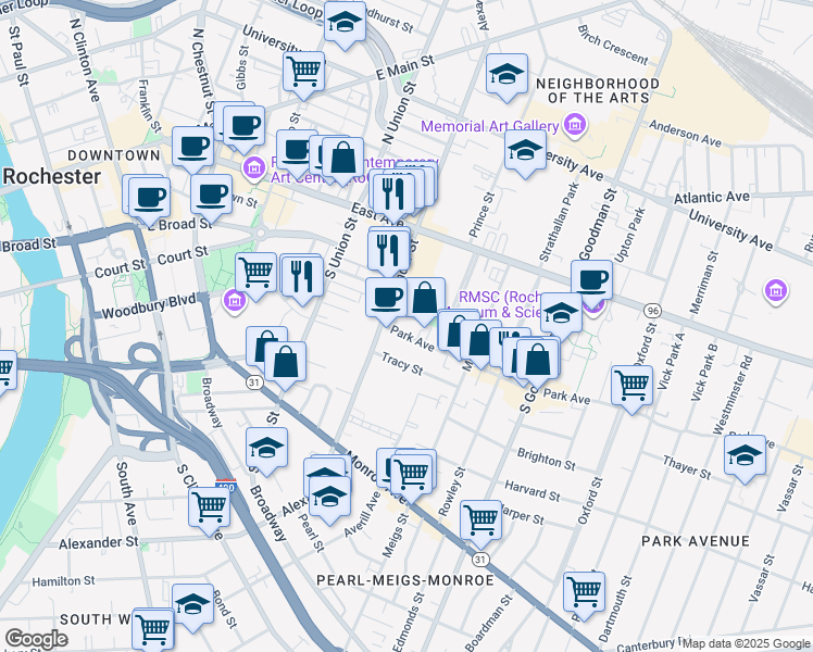 map of restaurants, bars, coffee shops, grocery stores, and more near 30 Park Avenue in Rochester