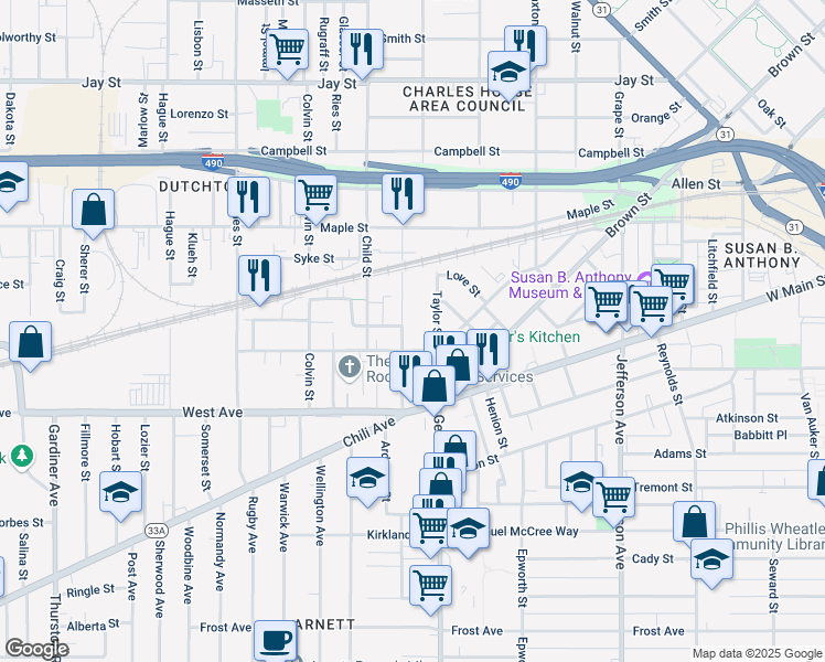 map of restaurants, bars, coffee shops, grocery stores, and more near 98 York Street in Rochester