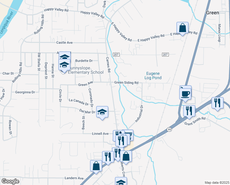 map of restaurants, bars, coffee shops, grocery stores, and more near 4283 Carnes Road in Roseburg