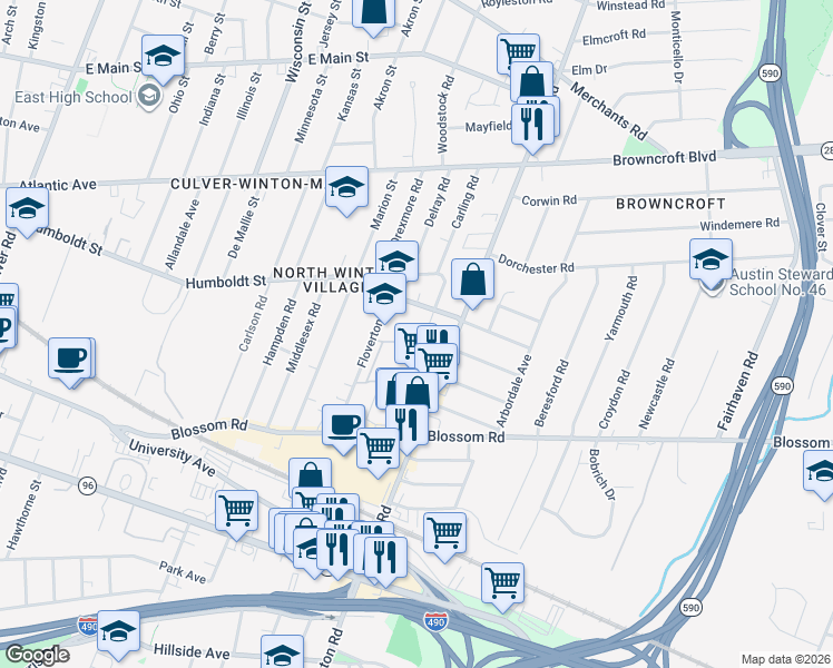 map of restaurants, bars, coffee shops, grocery stores, and more near 106 Harris Park in Rochester