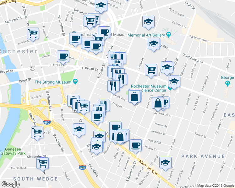 map of restaurants, bars, coffee shops, grocery stores, and more near 26 Park Avenue in Rochester