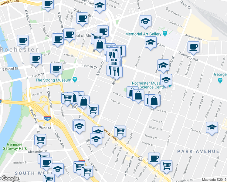 map of restaurants, bars, coffee shops, grocery stores, and more near 26 Park Avenue in Rochester