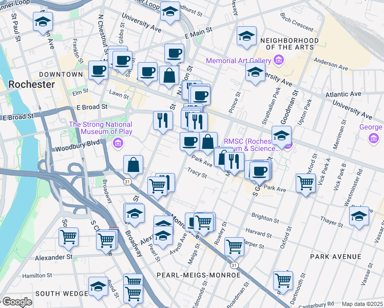 map of restaurants, bars, coffee shops, grocery stores, and more near 264 Alexander Street in Rochester