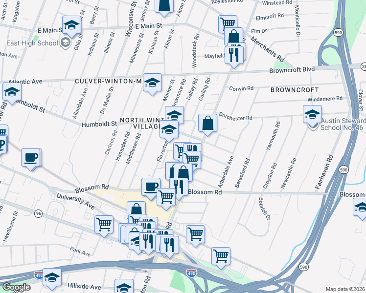 map of restaurants, bars, coffee shops, grocery stores, and more near 106 Harris Park in Rochester