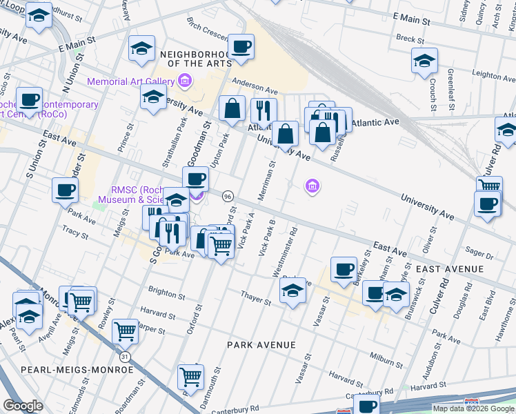 map of restaurants, bars, coffee shops, grocery stores, and more near East Ave & Merriman St in Rochester