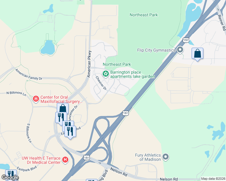 map of restaurants, bars, coffee shops, grocery stores, and more near 5208 Aspen Way in Madison