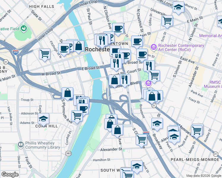map of restaurants, bars, coffee shops, grocery stores, and more near 1 Woodbury Boulevard in Rochester