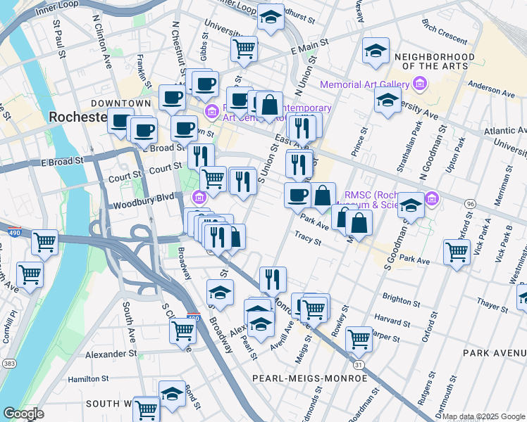 map of restaurants, bars, coffee shops, grocery stores, and more near 22 Buena Place in Rochester