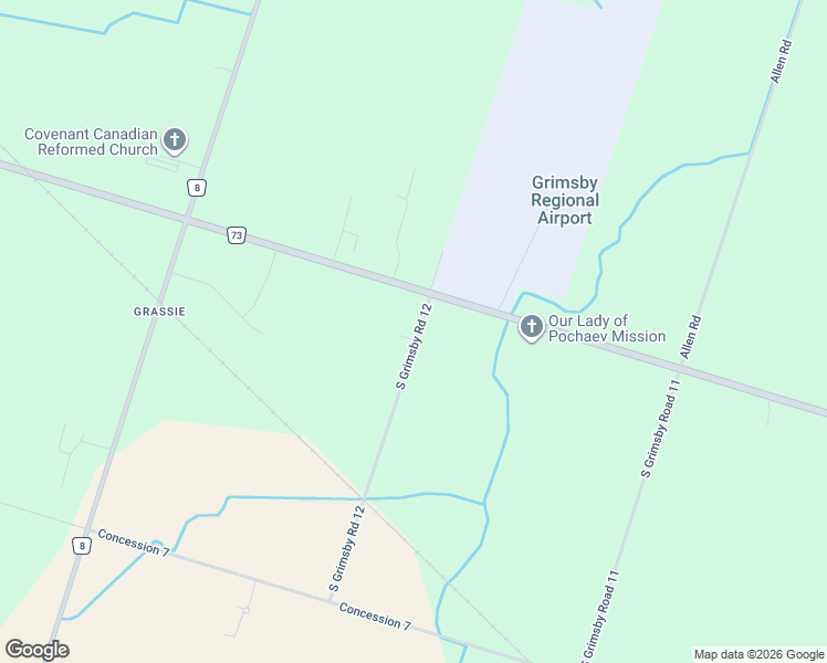 map of restaurants, bars, coffee shops, grocery stores, and more near 3556 South Grimsby Road 12 in Grassie