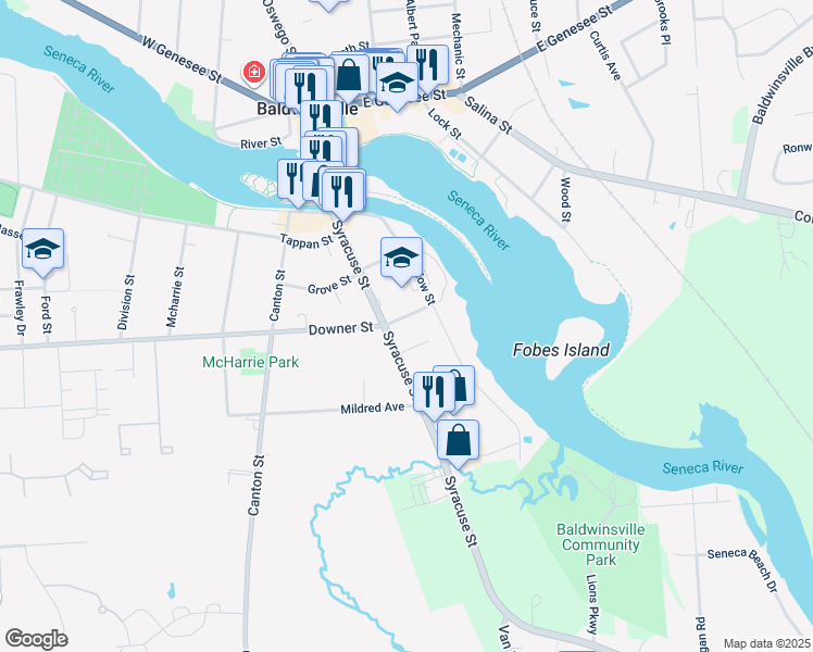 map of restaurants, bars, coffee shops, grocery stores, and more near 61 Syracuse Street in Baldwinsville