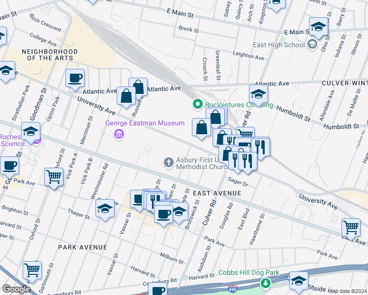 map of restaurants, bars, coffee shops, grocery stores, and more near 12 Granger Place in Rochester