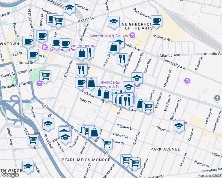 map of restaurants, bars, coffee shops, grocery stores, and more near 105 Meigs Street in Rochester
