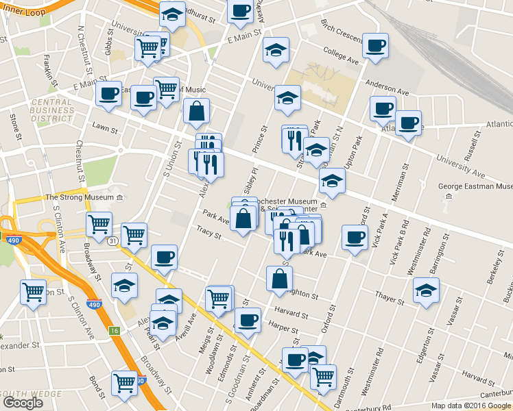 map of restaurants, bars, coffee shops, grocery stores, and more near 105 Meigs Street in Rochester