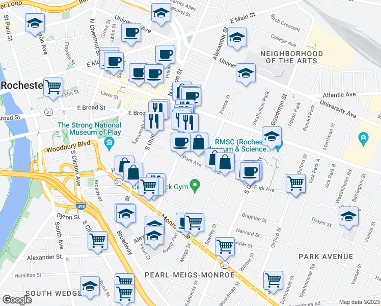 map of restaurants, bars, coffee shops, grocery stores, and more near 26 Park Avenue in Rochester