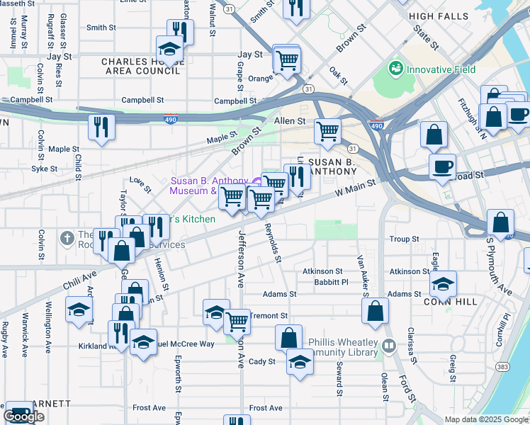 map of restaurants, bars, coffee shops, grocery stores, and more near 567 West Main Street in Rochester