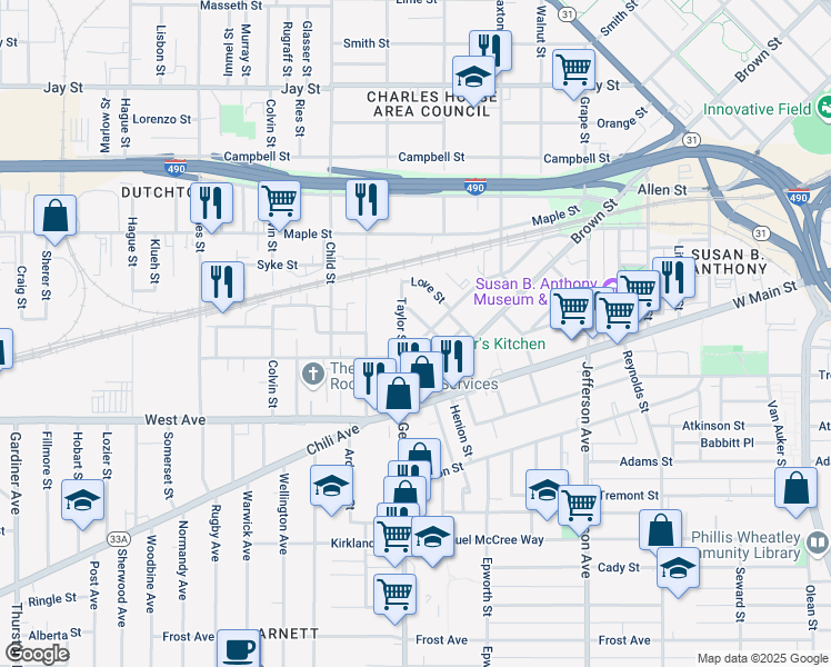 map of restaurants, bars, coffee shops, grocery stores, and more near 44 Essex Street in Rochester