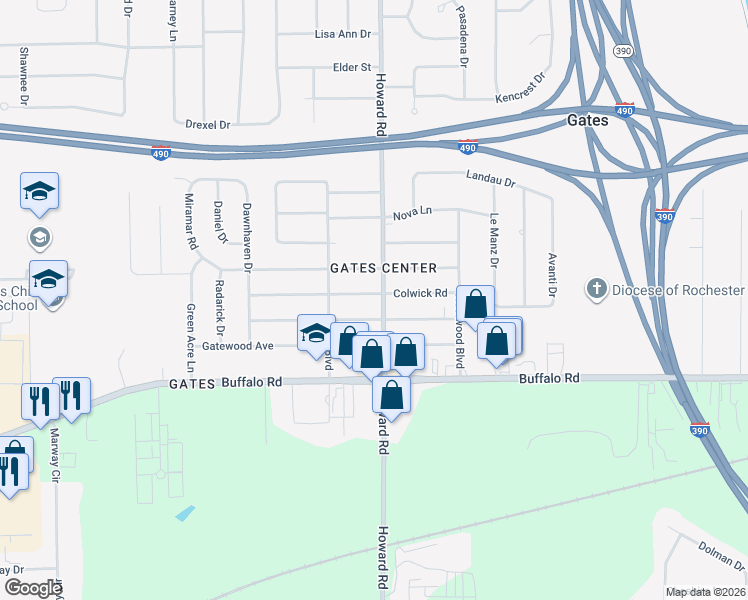 map of restaurants, bars, coffee shops, grocery stores, and more near 612 Howard Road in Rochester