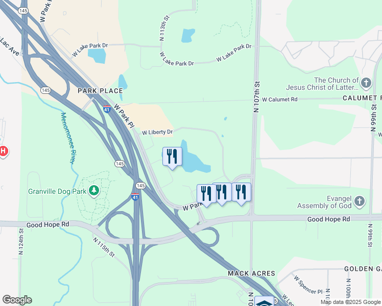 map of restaurants, bars, coffee shops, grocery stores, and more near 10811 West Liberty Drive in Milwaukee