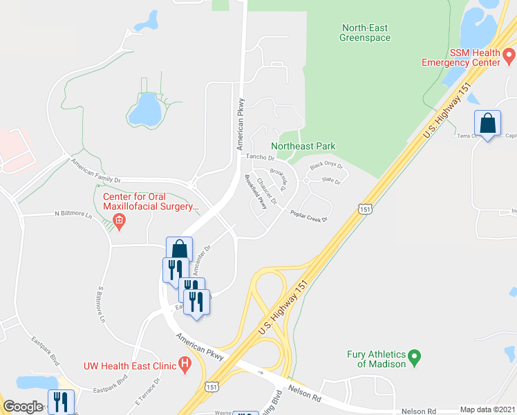 map of restaurants, bars, coffee shops, grocery stores, and more near 5302 Tancho Drive in Madison