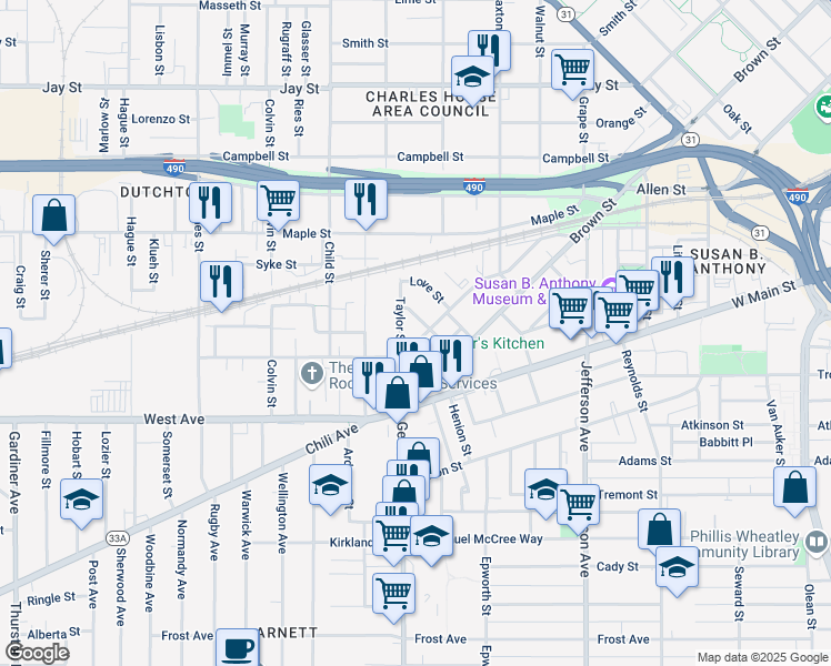 map of restaurants, bars, coffee shops, grocery stores, and more near 44 Essex Street in Rochester