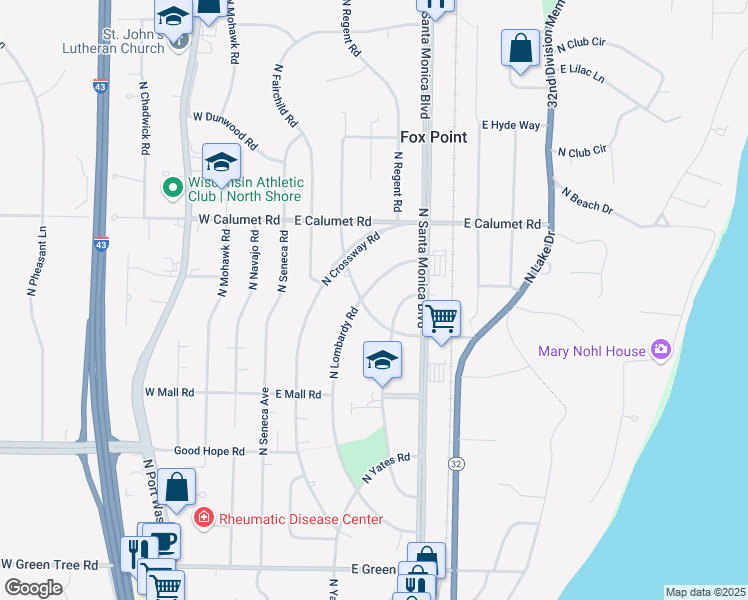 map of restaurants, bars, coffee shops, grocery stores, and more near 7430 North Bell Road in Fox Point