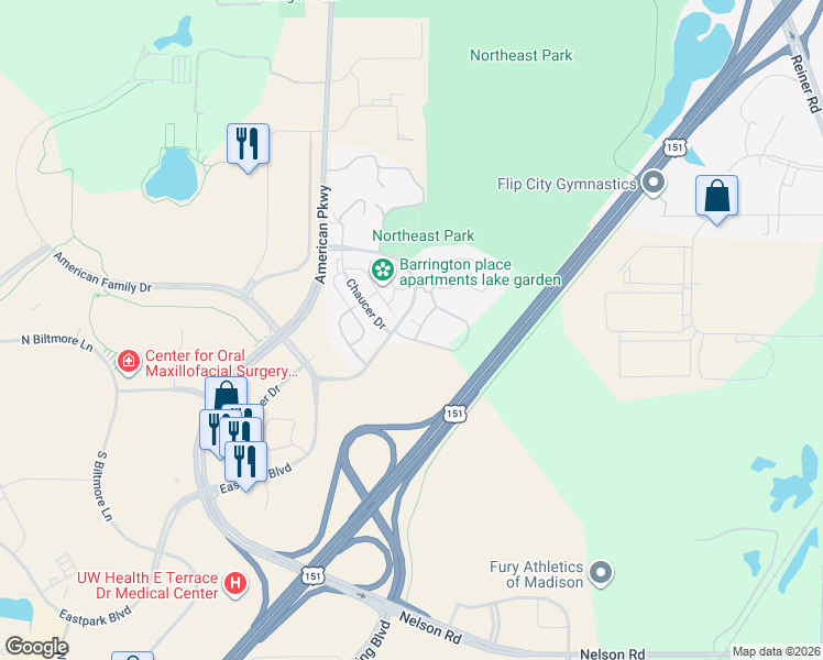 map of restaurants, bars, coffee shops, grocery stores, and more near 5208 Aspen Way in Madison