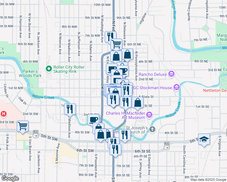 map of restaurants, bars, coffee shops, grocery stores, and more near 17 North Federal Avenue in Mason City
