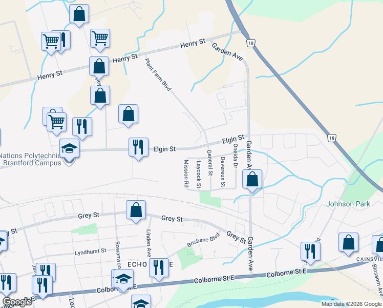 map of restaurants, bars, coffee shops, grocery stores, and more near 4 Laycock Street in Brantford